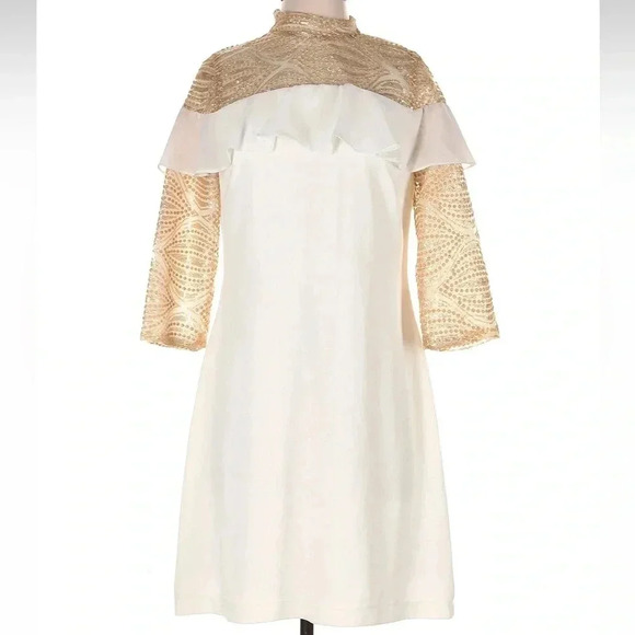 Roberta Biagi Gold Sequins 3/4 Sleeves Cocktail Ruffle Designer Dress Size S NWT - Picture 1 of 7